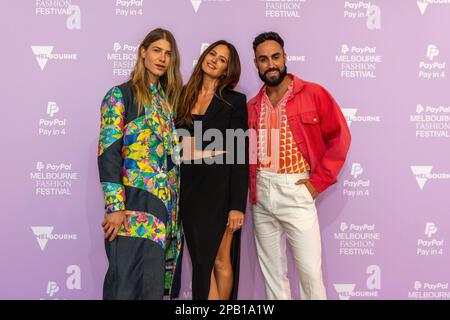 The red carpet was rolled out, and the paparazzi cameras flashed as Christian Wilkins, Jesinta Franklin and Matti made their way into the Royal Exhibition Building. Royal Exhibition Building in Carlton was illuminated with fashion on Saturday 11 March as PayPal Pay in 4 Closing Runway marked the grand finale of the Festival. The runway celebrated designers who pushed boundaries, challenged gender stereotypes, and explored how fashion can better support those with disabilities. The showcase featured leading Australian designers like Jason Grech, Iordanes Spyridon Gogos, Paul McCann, Gary Bigeni Stock Photo