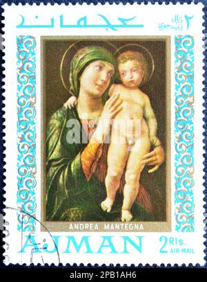 Cancelled postage stamp printed by Ajman, that shows Painting by Andrea Mantegna, circa 1971. Stock Photo