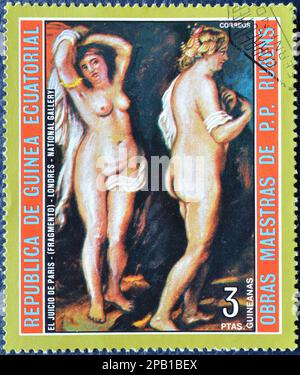 Cancelled postage stamp printed by Equatorial Guinea, that shows The Judgment of Paris by the Fauns by Peter Paul Rubens, circa 1973. Stock Photo