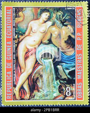 Cancelled postage stamp printed by Equatorial Guinea, that shows The Union of Earth and Water by Peter Paul Rubens, circa 1973. Stock Photo