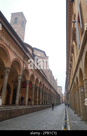 Bologna, Italy - 16 Nov, 2022: Traditional Porticos, covered arcades, on the streets of Bologna Stock Photo