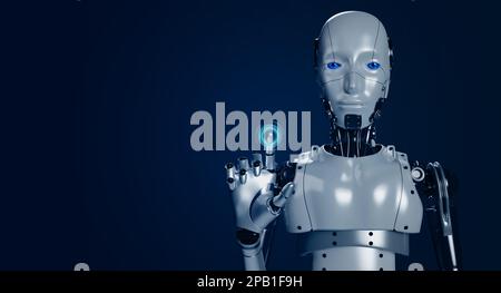 3d rendering smart robot touching finger with glowing on virtual digital button on empty screen on dark blue background with copy space. Ai robotic, a Stock Photo