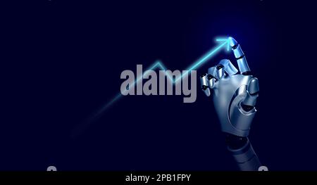 3d rendering smart robot's hand draws rising futuristic arrow on blue background. Ai robotic, finger pointing on glow arrowhead. Business growth and s Stock Photo