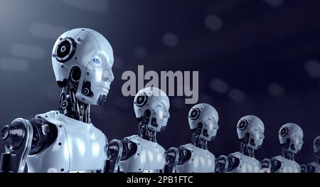The row of 3d rendering humanoid robot portraits, robotics army, industrial group of cyborg machines on factory background. Futuristic AI robotic team Stock Photo