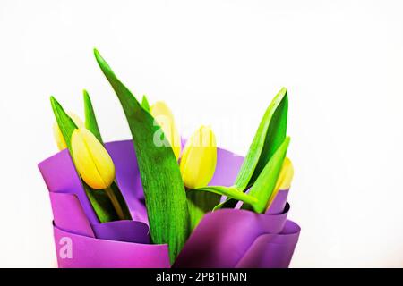 yellow tulips wrapped in purple paper on a light background. flower bouquet, mother's day, women's day, Stock Photo
