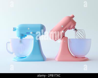 Stationary mixer with frozen glass bowl for whipping cream and confectionery. Cartoon cute style, pastel pink and blue mixers, cute icons. Stock Photo