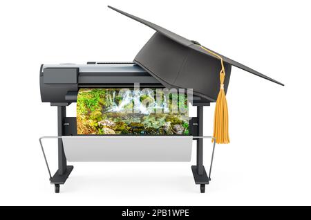 Plotter, large format inkjet printer with education hat. 3D rendering isolated on white background Stock Photo