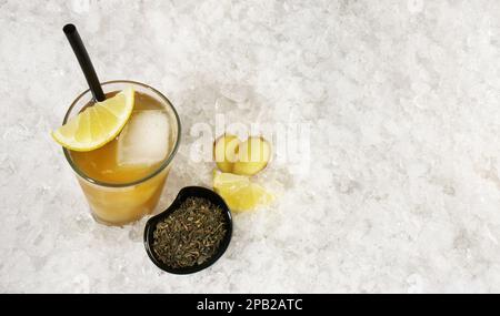 Green Ice Tea  with Ginger Root on Ice isolated on white Background - Panorama Stock Photo