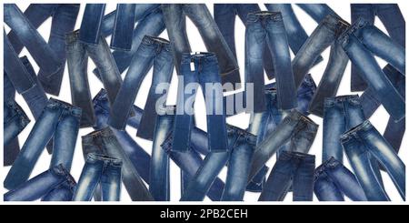 Vaeious Denim Blue Jeans Panorama Background - Front side with label isolated on white Stock Photo