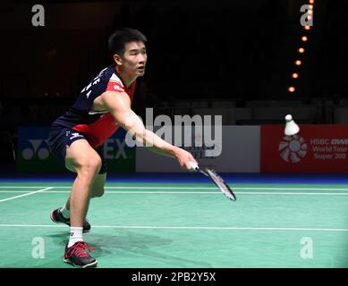 Muelheim, Germany. 12th Mar, 2023. Li Shifeng hits a return during the men's singles final match between Li Shifeng of China and Ng Ka Long Angus of China's Hong Kong at the Yonex German Open 2023 badminton tournament in Muelheim, Germany, March 12, 2023. Credit: Ren Pengfei/Xinhua/Alamy Live News Stock Photo