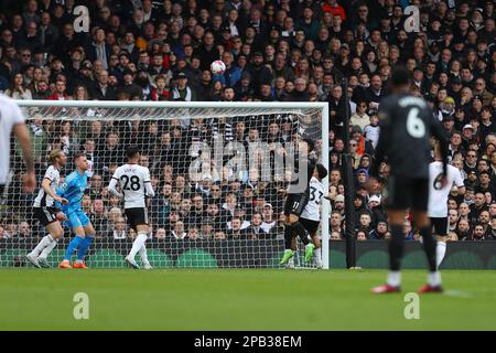 Craven Cottage, Fulham, London, UK. 12th Mar, 2023. Premier League Football, Fulham versus Arsenal; Gabriel Martinelli of Arsenal scores in the 27th minute for 0-2. Credit: Action Plus Sports/Alamy Live News Stock Photo
