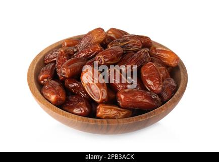 Sweet dried dates in bowl on white background Stock Photo