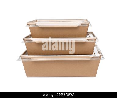 Stacked paper containers for food on white background Stock Photo