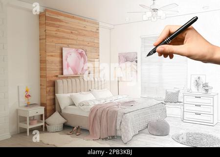 Woman drawing sketch of stylish bedroom interior, closeup. Combination of photo and sketch Stock Photo