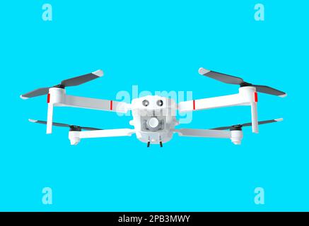 Remote control air drone. Dron flying with small action video camera. White pro drone during flight. 3d render illustration isolated on blue Stock Photo
