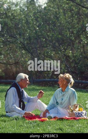 Older couple sitting in the grass on a blanket picnicking on a beautiful day Stock Photo