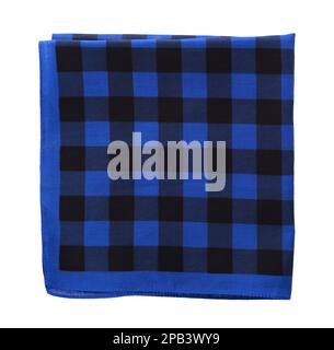 Folded blue bandana with check pattern isolated on white, top view Stock Photo
