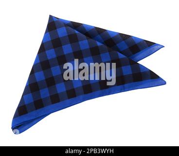 Folded blue bandana with check pattern isolated on white, top view Stock Photo