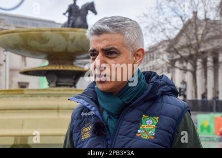 London, UK. 12th March 2023. London Mayor Sadiq Khan speaks to the media next to the St Patrick’s Festival stage in Trafalgar Square.  The annual event takes place in Central London several days before St Patrick's Day, which is celebrated on March 17th. Credit: Vuk Valcic/Alamy Live News Stock Photo