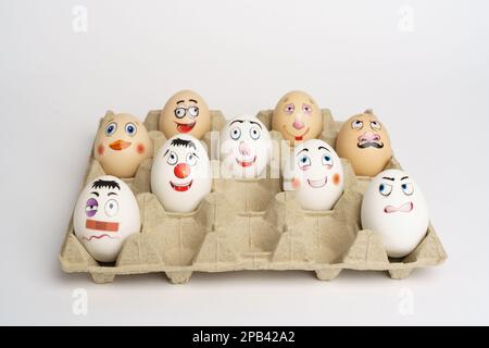 Funny Eggs. Faces on the eggs Eggs Smiles. Studio Stock Photo