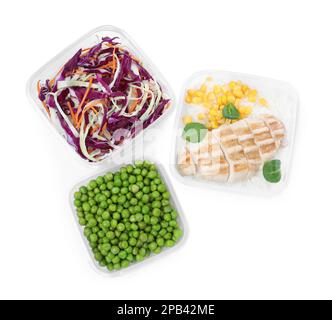 Plastic containers with fresh food on white background, top view Stock Photo