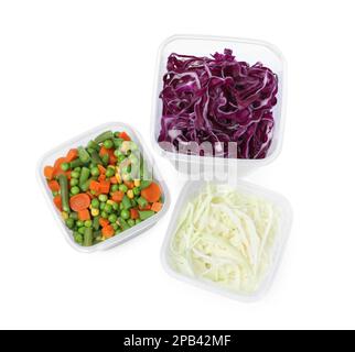 Fresh vegetables in plastic containers on white background, top view Stock Photo