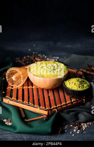 Bowls with green matcha wooden tray Stock Photo