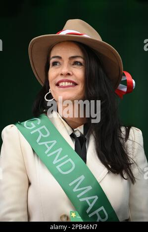 London, UK. 12th Mar, 2023. 12th March 2023, London, UK. Speakers Grand Marshal, Catherina Casey at London’s St Patrick’s Day 2023 celebrations in Trafalgar Square. Credit: See Li/Picture Capital/Alamy Live News Stock Photo