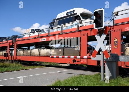Car train, Sylt Shuttle, connection of the island of Sylt with the mainland, Sylt, North Frisian Islands, North Frisia, Schleswig-Holstein, Germany, E Stock Photo