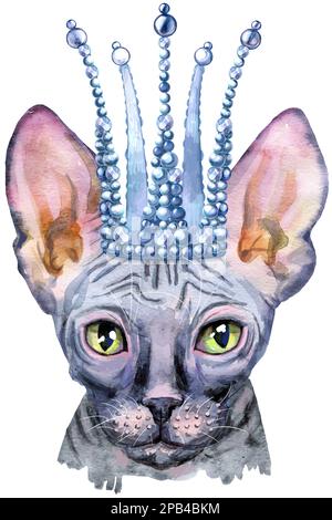 Cute cat. Cat for t-shirt graphics. Watercolor Sphynx cat breed illustration Stock Photo