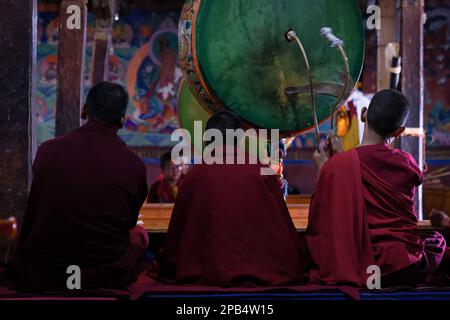 Young monks with a drum at Thikse Monastery (Gompa) during morning puja, Ladakh, India Stock Photo