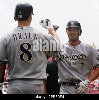 Milwaukee Brewers' J.J. Hardy (7) gets a hero's welcome from teammate Ricky  Weeks after hitting a three-run homer against the Pittsburgh Pirates at  Miller Park, Saturday, May 5, 2007, Milwaukee, Wisconsin. The
