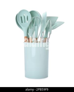 https://l450v.alamy.com/450v/2pb59f9/set-of-turquoise-kitchen-utensils-in-holder-isolated-on-white-2pb59f9.jpg