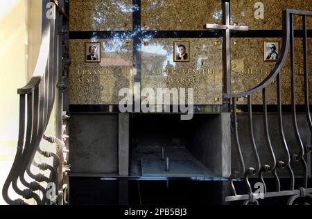 A view of the open tomb in the Pavarotti family private chapel in the