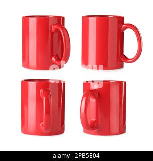 Set with red ceramic mugs on white background Stock Photo