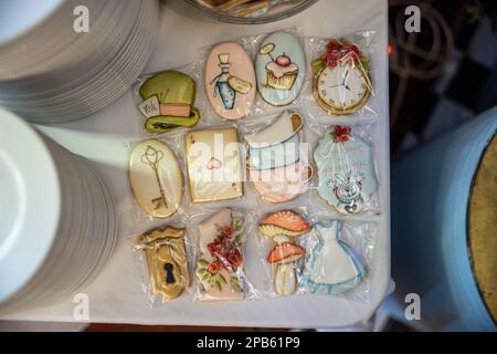 Painted homemade cookies with dress, mushrooms, hat and potions. Colorful children's cookies. High quality photo Stock Photo