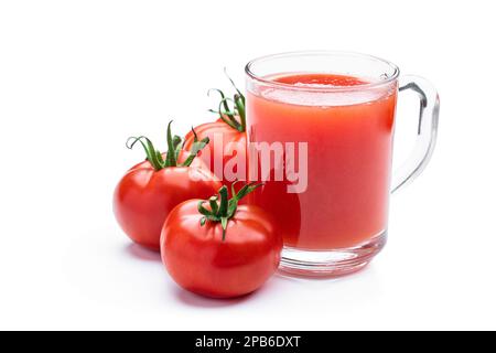 Freshly  squeezed tomato juice and ripe tomatoes isolated on white background Stock Photo
