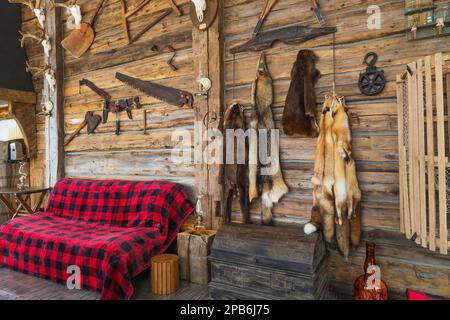 Old piece sur piece log wall decorated with antique objects and sofa with red and black checkered blanket in sunroom inside hybrid timber frame home. Stock Photo
