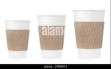 Paper coffee cups of different sizes on white background, collage Stock Photo