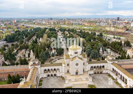 Aerial view of Cimitero Monumentale di Milano or Monumental Cemetery of Milan, the burial place of the most remarkable Italians, noted for the abundan Stock Photo