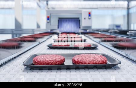 Conveyor in a factory of ready-made beef hamburger cutlets - a modern ecological bio-print meat factory- 3d illustration Stock Photo