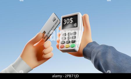 Card payment at a terminal in a shop or restaurant. hand and objects in cartoon style - 3d illustration Stock Photo