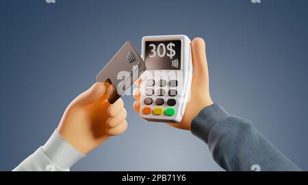 Card payment at a terminal in a shop or restaurant. hand and objects in cartoon style - 3d illustration Stock Photo