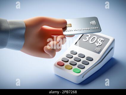 Card payment at a terminal in a shop or restaurant. hand and objects in cartoon style - 3d illustration Stock Photo