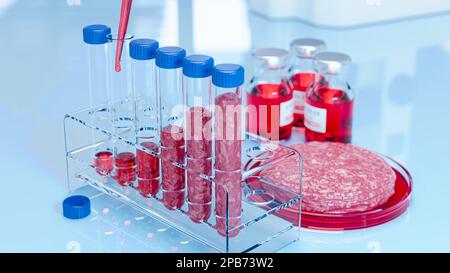 Beef grown in a laboratory in test tubes. The concept of in-vitro meat production in the laboratory - 3d illustration Stock Photo