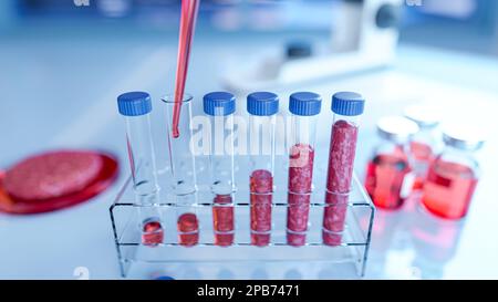 Beef grown in a laboratory in test tubes. The concept of in-vitro meat production in the laboratory - 3d illustration Stock Photo