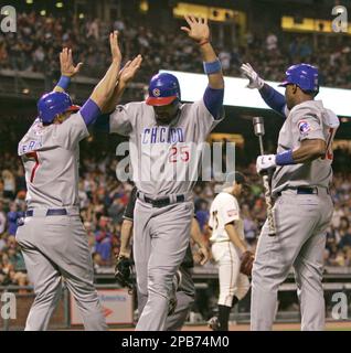 Derrek Lee of the Chicago Cubs, wearing a number 42 jersey in