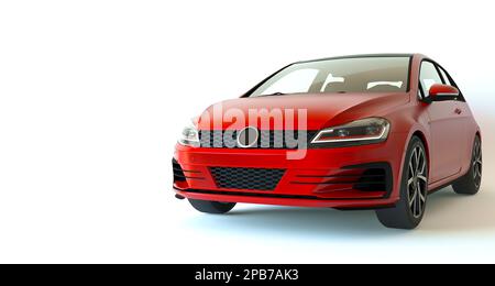 Generic brandless sport red family car. 3d illustration horizontal. Blue chrome car isolated on white background. Sports car coupe. Flat lay Stock Photo