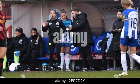 Crawley UK 12th March 2023 - Brighton assistant manager Amy Merricks during the Barclays Women's Super League match between Brighton & Hove Albion and Manchester City   : Credit Simon Dack /TPI/ Alamy Live News Stock Photo