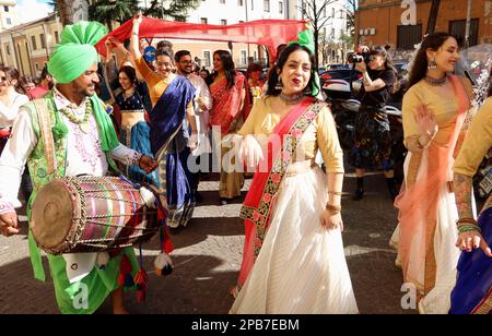 Rome, Italy. 12th Mar, 2023. An Indian traditional marriage re-created for the Italian preview of What's Love movie, Rome, Italy, March 12 2023. What's Love is a 2022 British romantic comedy directed by Indian filmmaker Shekhar Kapur and stars Lily James and Emma Thompson. (Photo by Elisa Gestri/SIPA USA) Credit: Sipa USA/Alamy Live News Stock Photo